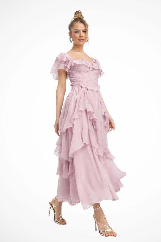 Women Chiffon Ruffle Tiered Race Day Maxi Dress – Modern Everyday Look – Pink – S