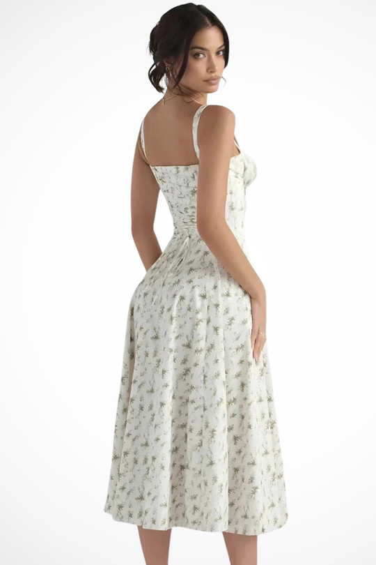 Women Square Neck Bow Detail Corset Wedding-Guest Floral Midi Dress – Modern Everyday Look – White Floral – S