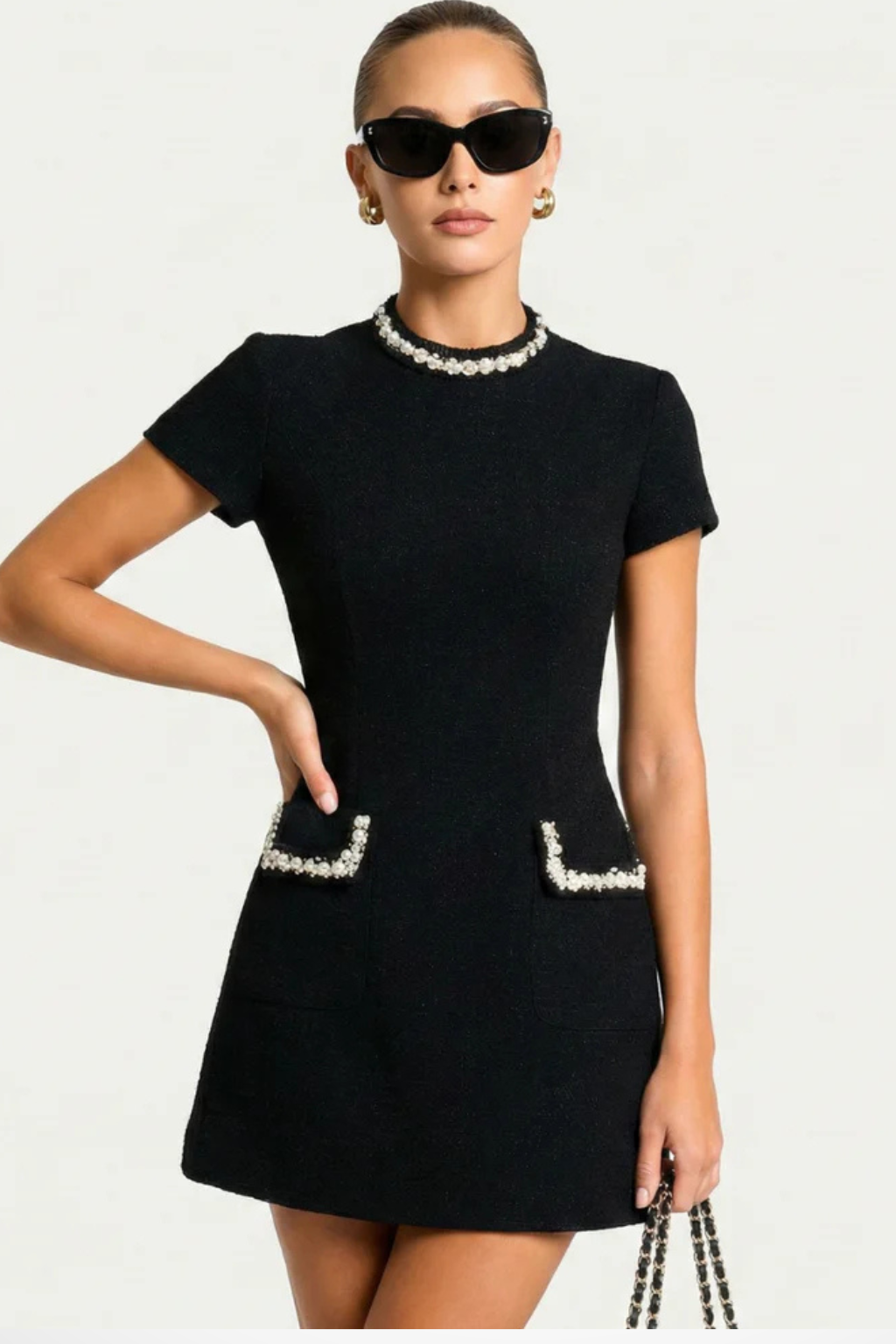 Women Pearl Trim Mini Dress with Pocket Detail – Modern Everyday Look – Black – L