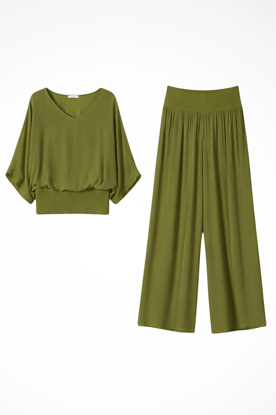 Women Elegant Layered Top and Wide-Leg Trousers 2 Piece Set – Refined Occasion Style – Green – L