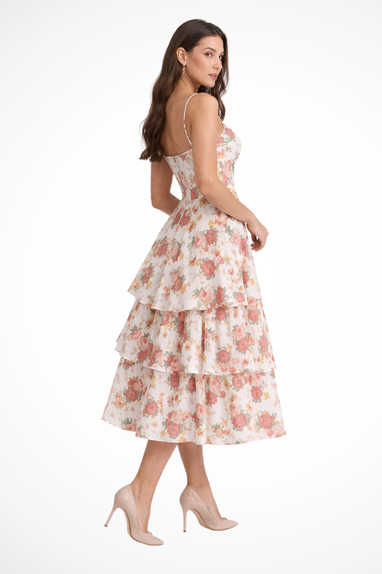 Women Corset Wedding-Guest Floral Midi Dress – Modern Everyday Look – Floral – M