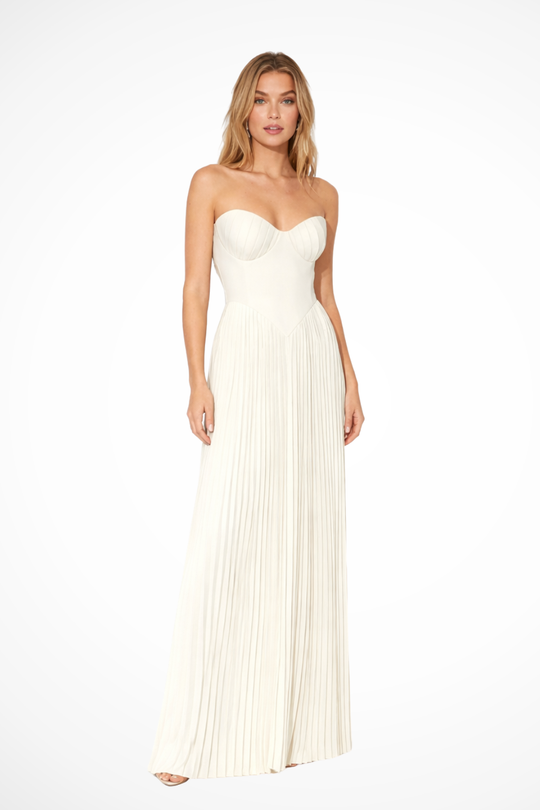 Women Strapless Pleated Wedding-Guest Maxi Dress – Modern Everyday Look – Burgundy – L