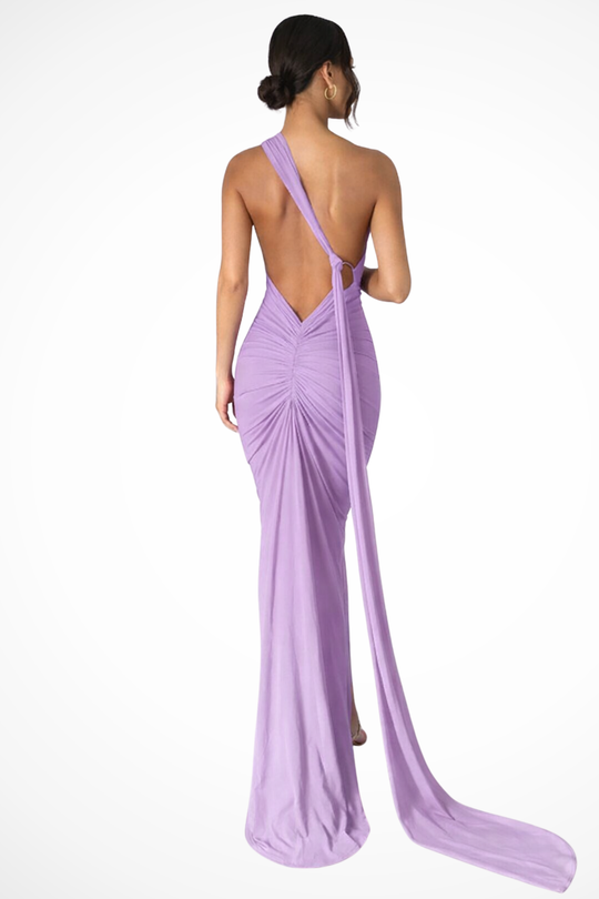 Women One-Shoulder Backless Ruched Race Day Maxi Dress – Modern Everyday Look – Blue – 2XL