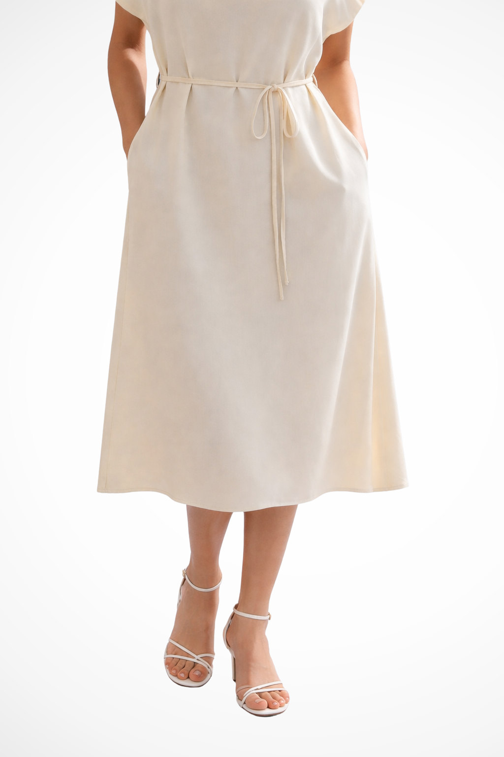 Women Batwing Sleeve Tie Waist Wedding-Guest Midi Dress – Modern Everyday Look – White – XL