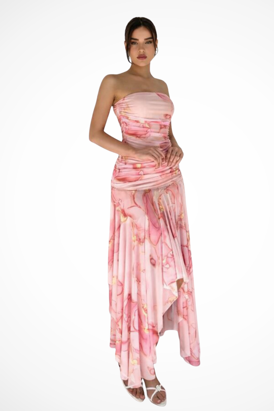 Women Strapless Floral Wedding-Guest Maxi Dress – Modern Everyday Look – Pink Floral – XL