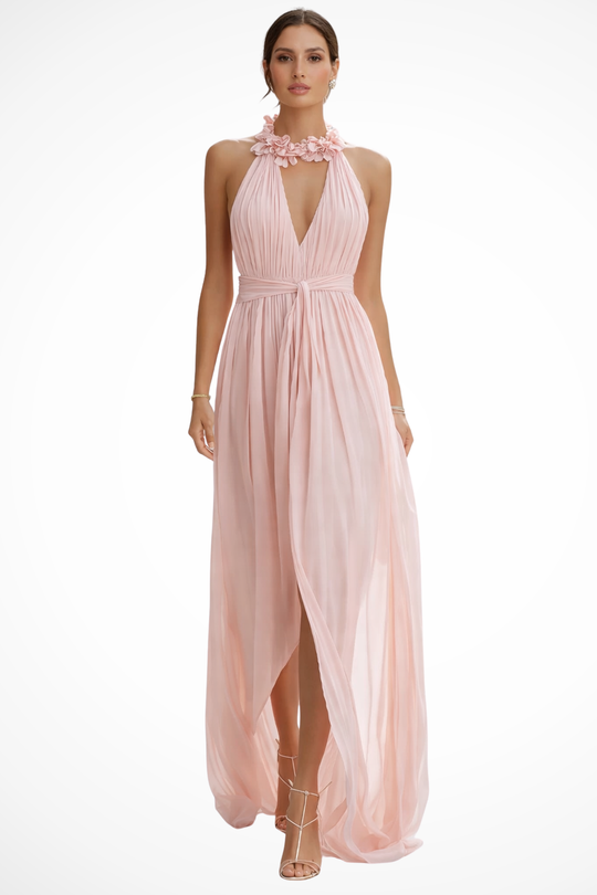 Women Halter Neck Pleated Chiffon Maxi Dress – Modern Everyday Look – Pink – XS