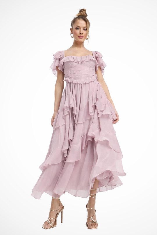 Women Chiffon Ruffle Tiered Race Day Maxi Dress – Modern Everyday Look – Pink – XS