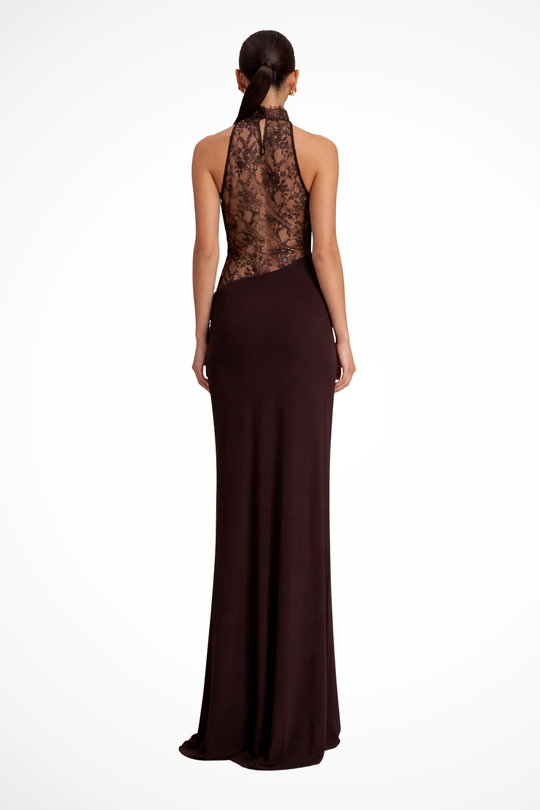 Women Halter Neck Lace Panel Sleeveless Wedding-Guest Maxi Dress – Modern Everyday Look – Red Brown – S