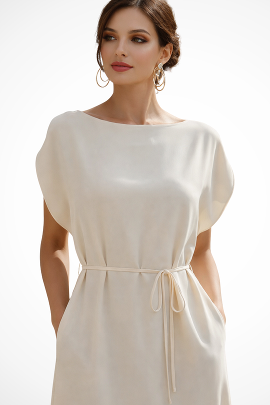 Women Batwing Sleeve Tie Waist Wedding-Guest Midi Dress – Modern Everyday Look – White – M