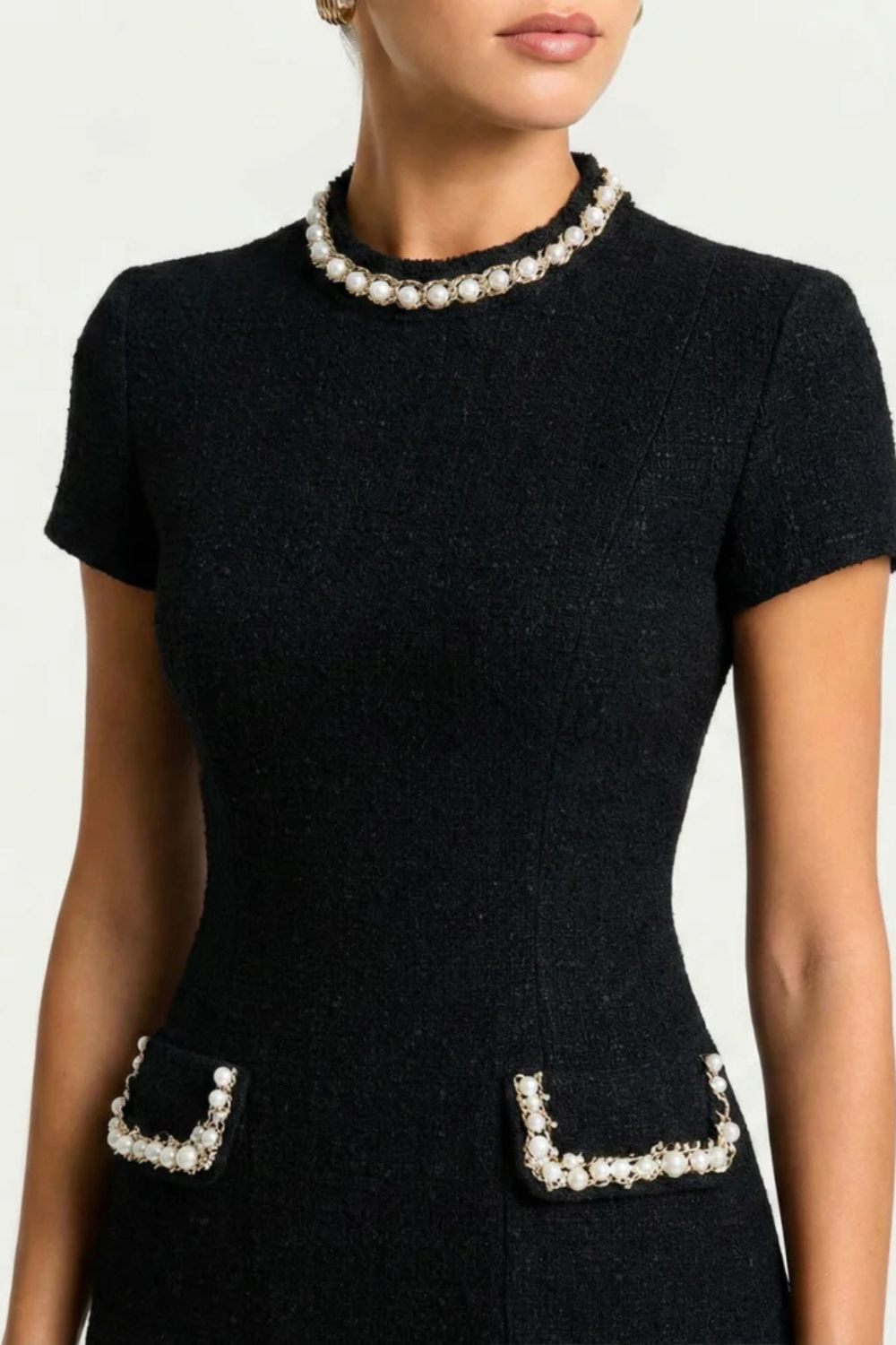 Women Pearl Trim Mini Dress with Pocket Detail – Modern Everyday Look – Black – M