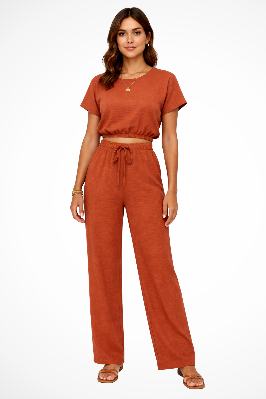 Women Relaxed Fit Wide-Leg Top and Trousers Set – Modern Everyday Look – Beige – M