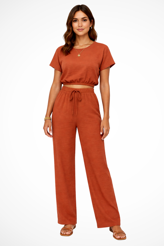 Women Relaxed Fit Wide-Leg Top and Trousers Set – Modern Everyday Look – Beige – M