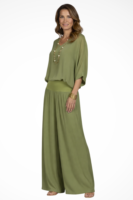 Women Elegant Layered Top and Wide-Leg Trousers 2 Piece Set – Refined Occasion Style – Green – M