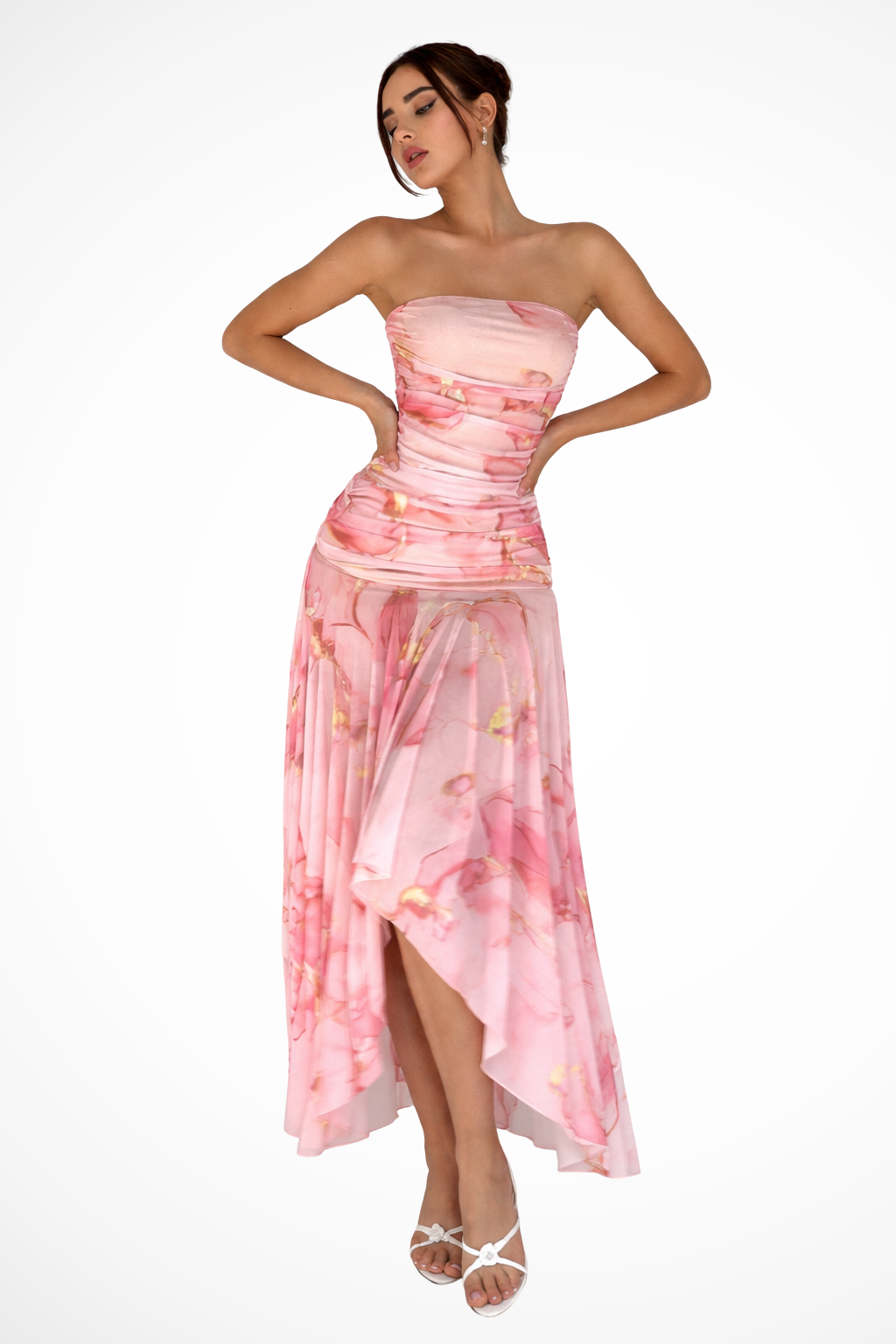 Women Strapless Floral Wedding-Guest Maxi Dress – Modern Everyday Look – Pink Floral – XS