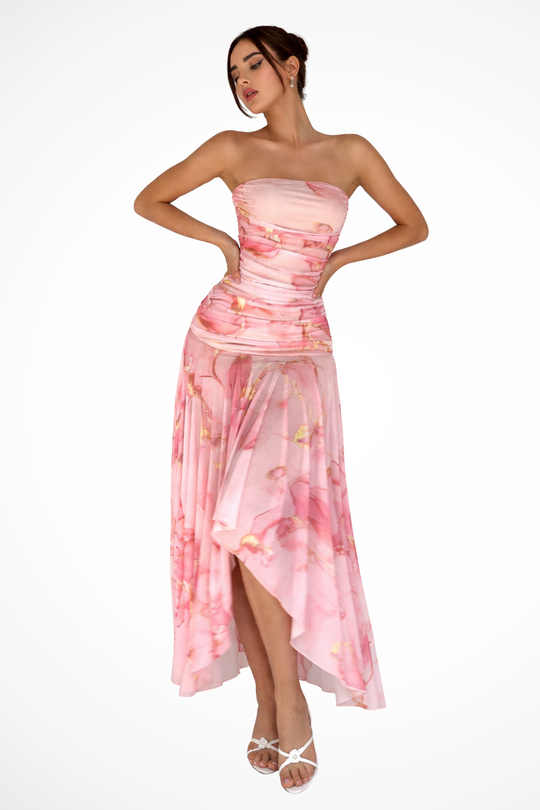 Women Strapless Floral Wedding-Guest Maxi Dress – Modern Everyday Look – Pink Floral – XS