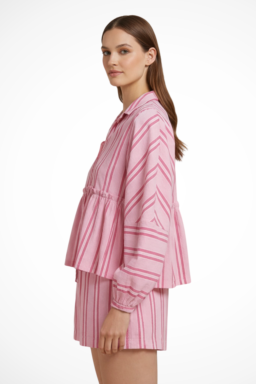 Women Striped Peplum Shirt and Shorts Set – Modern Everyday Look – Pink – XL