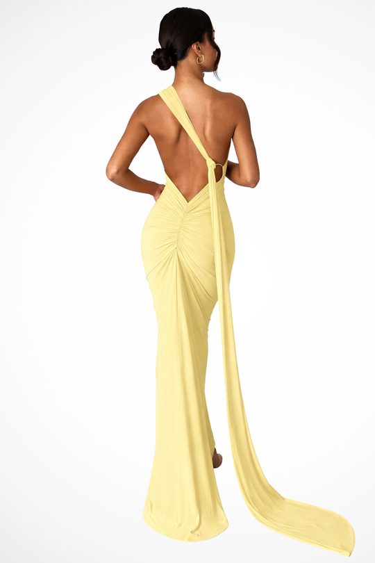Women One-Shoulder Backless Ruched Race Day Maxi Dress – Modern Everyday Look – Blue – XL