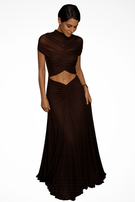 Women High Neck Ruched Cut Out Black Tie Wedding-Guest Maxi Dress – Modern Everyday Look – Black – XXL