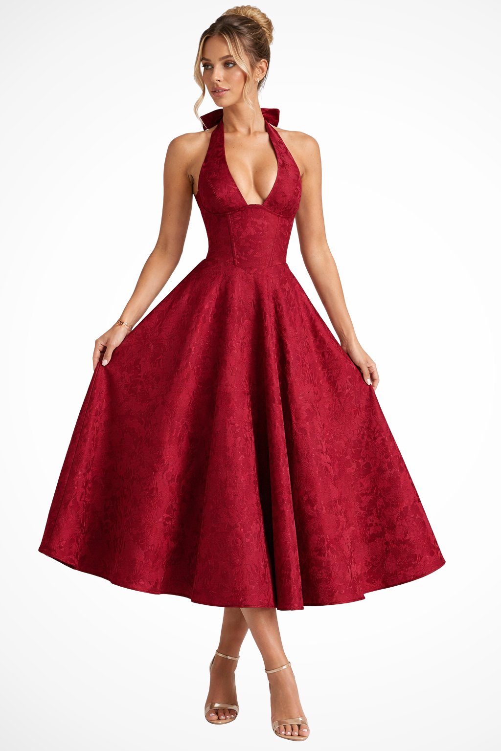 Women Halter Neck Backless Corset Summer Wedding-Guest Midi Dress – Modern Everyday Look – Pink Long – XXL