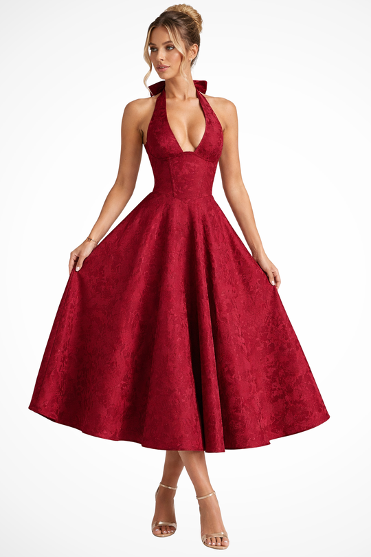Women Halter Neck Backless Corset Summer Wedding-Guest Midi Dress – Modern Everyday Look – Pink Long – XXL