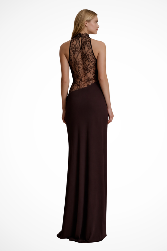 Women Halter Neck Lace Panel Sleeveless Wedding-Guest Maxi Dress – Modern Everyday Look – Red Brown – L