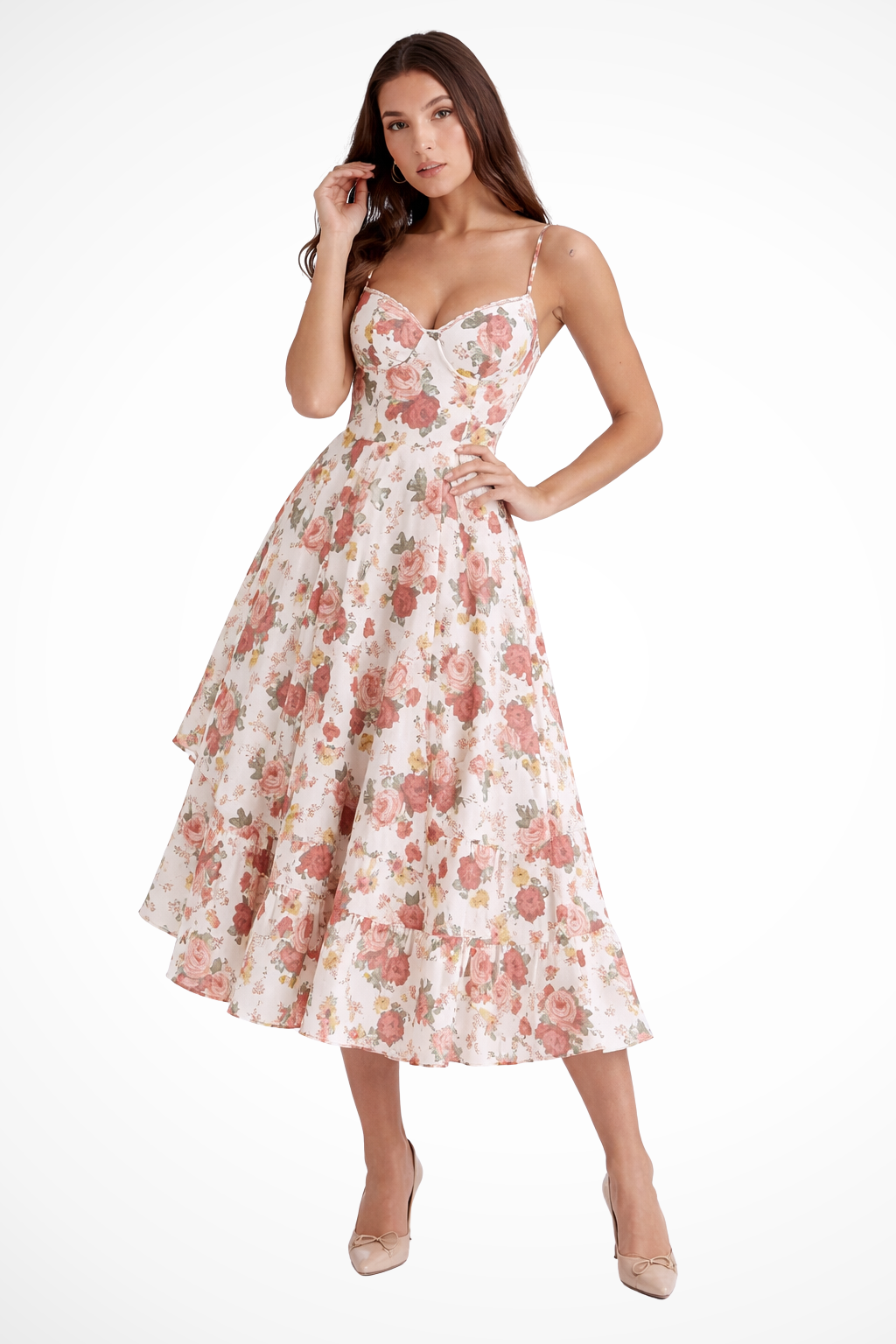 Women Corset Wedding-Guest Floral Midi Dress – Modern Everyday Look – Floral – XS