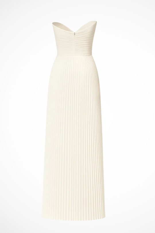 Women Strapless Pleated Wedding-Guest Maxi Dress – Modern Everyday Look – Ivory – S