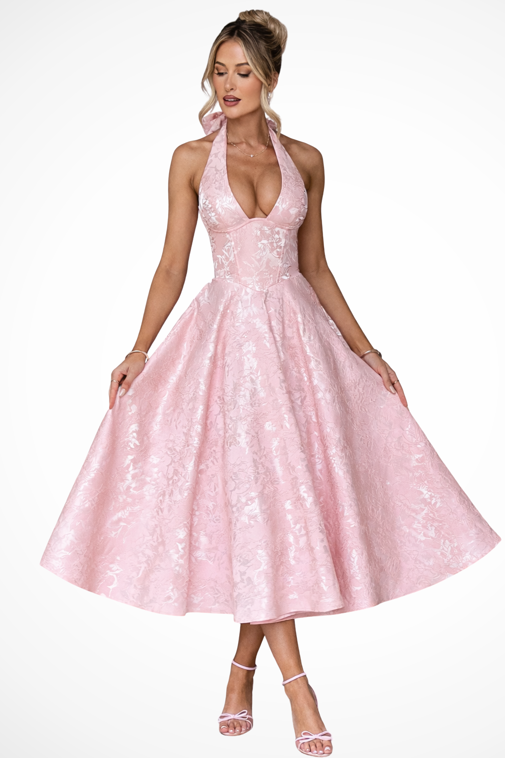 Women Halter Neck Backless Corset Summer Wedding-Guest Midi Dress – Modern Everyday Look – Pink Long – XS