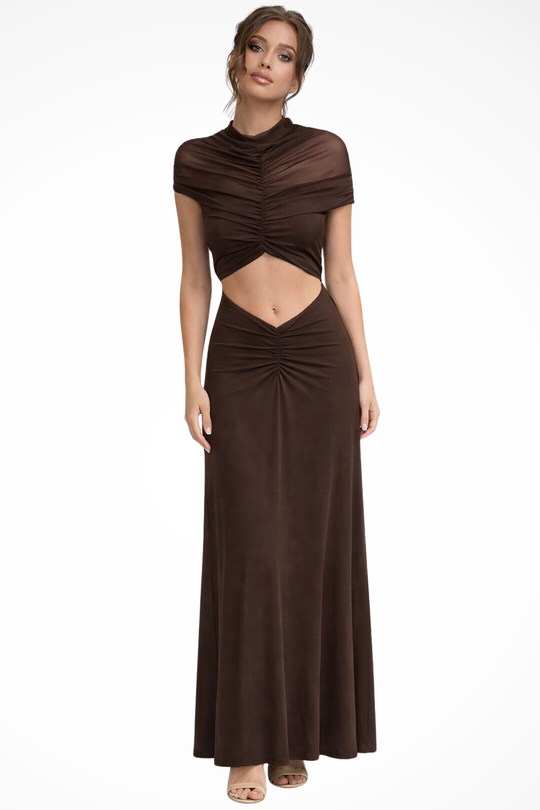 Women High Neck Ruched Cut Out Black Tie Wedding-Guest Maxi Dress – Modern Everyday Look – Black – XL