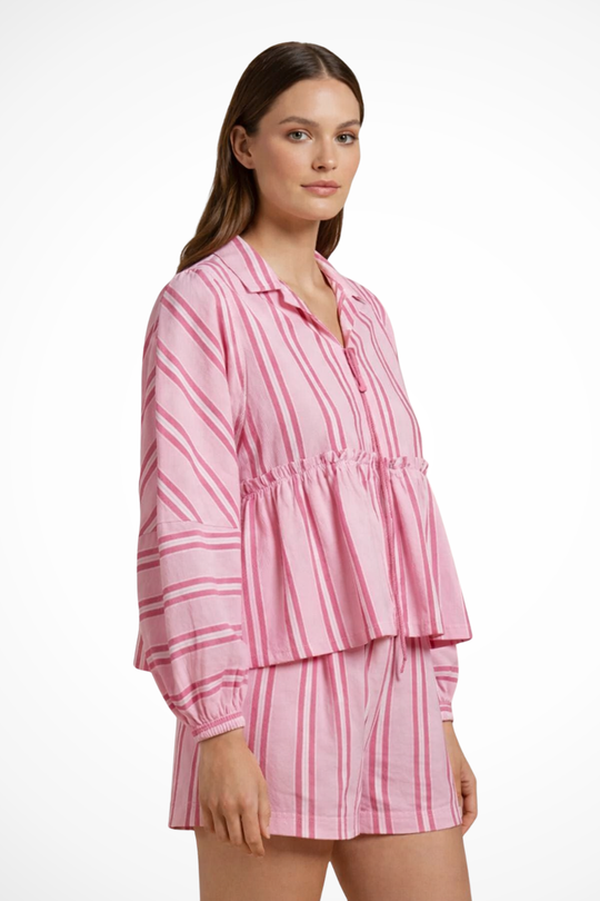 Women Striped Peplum Shirt and Shorts Set – Modern Everyday Look – Green – M