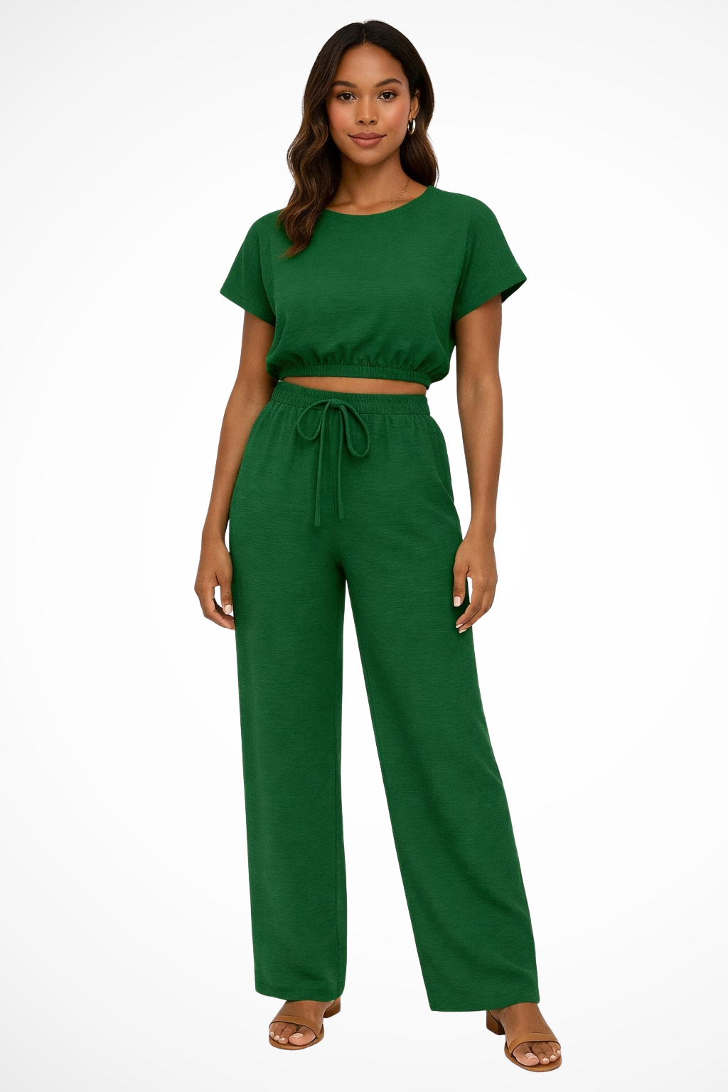 Women Relaxed Fit Wide-Leg Top and Trousers Set – Modern Everyday Look – Orange Red – M