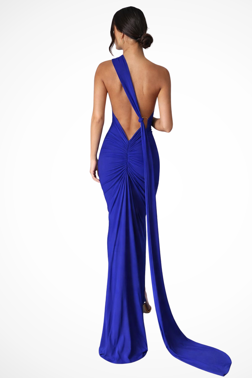 Women One-Shoulder Backless Ruched Race Day Maxi Dress – Modern Everyday Look – Blue – L