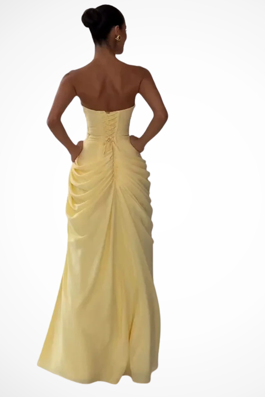 Women Strapless Ruched Slit Summer Wedding-Guest Maxi Dress – Modern Everyday Look – Dark Blue – XL
