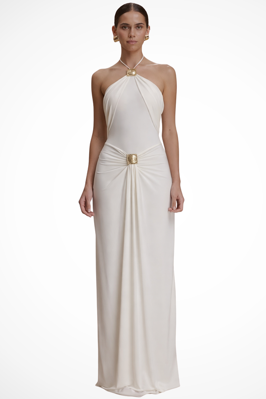 Women Halter Neck Backless Summer Wedding-Guest Maxi Dress – Modern Everyday Look – White – L