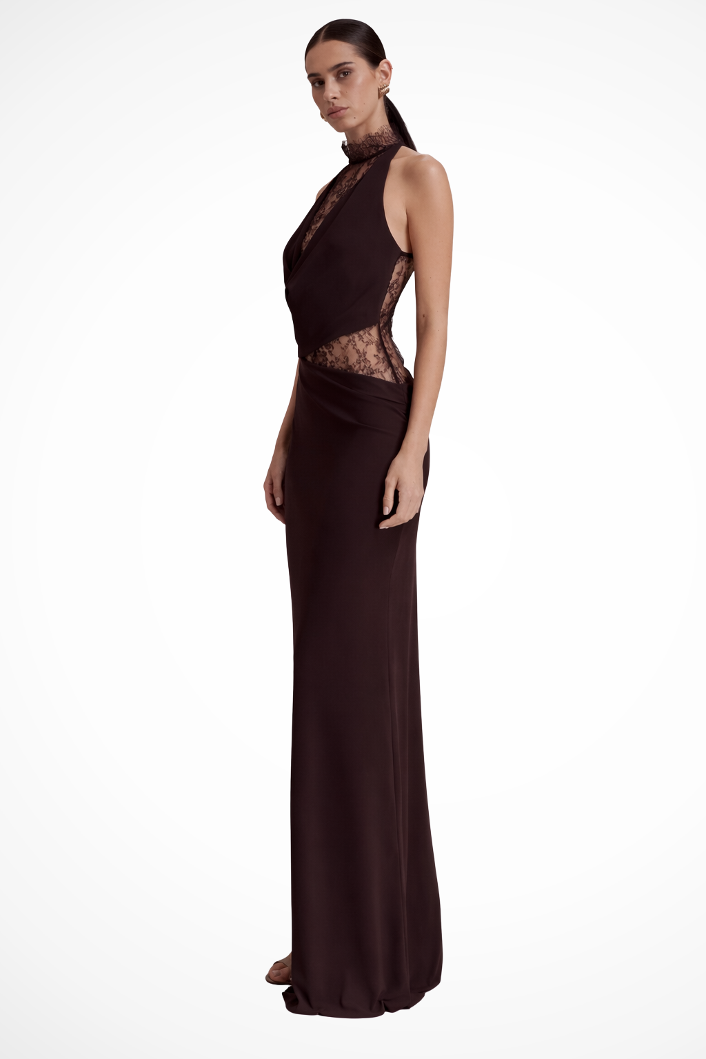 Women Halter Neck Lace Panel Sleeveless Wedding-Guest Maxi Dress – Modern Everyday Look – Red Brown – XL