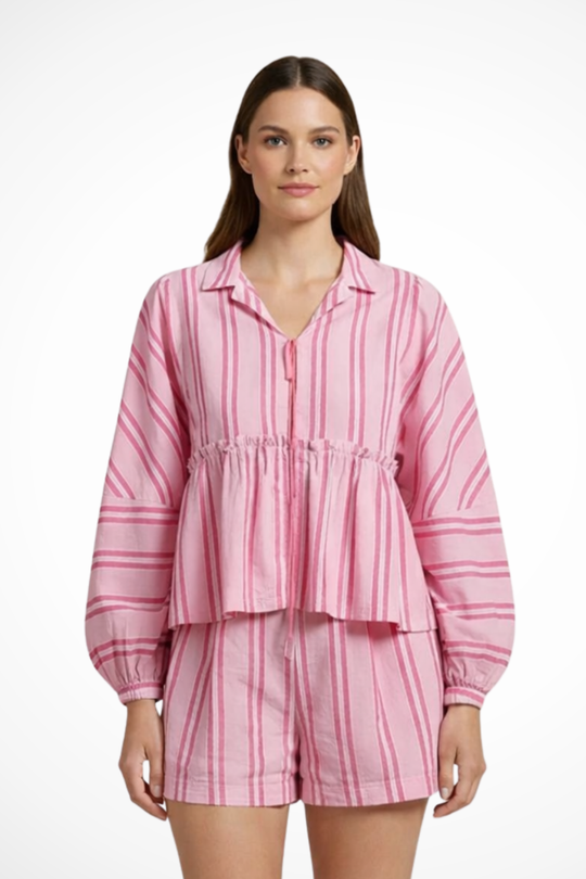 Women Striped Peplum Shirt and Shorts Set – Modern Everyday Look – Pink – XS