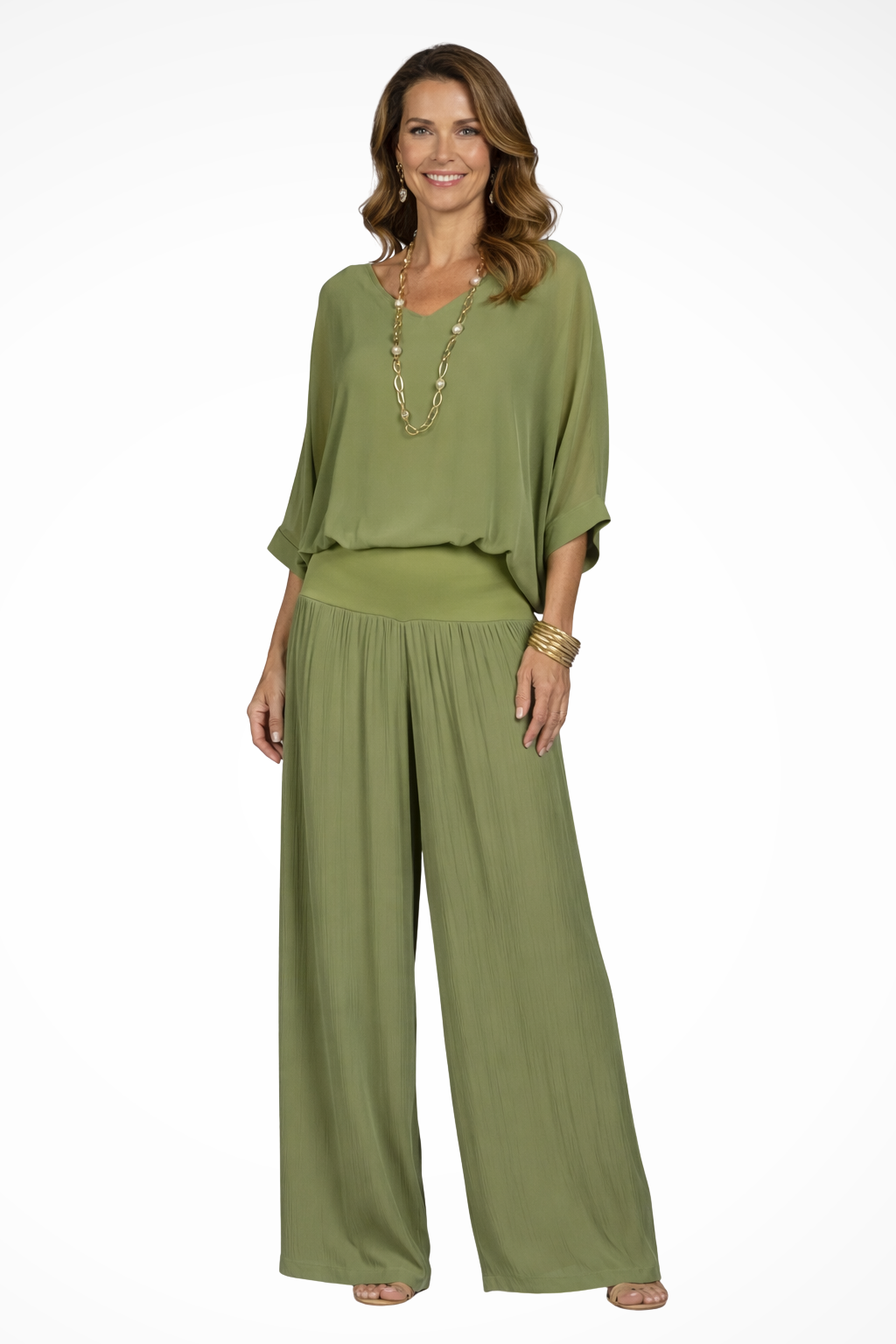 Women Elegant Layered Top and Wide-Leg Trousers 2 Piece Set – Refined Occasion Style – Green – XS