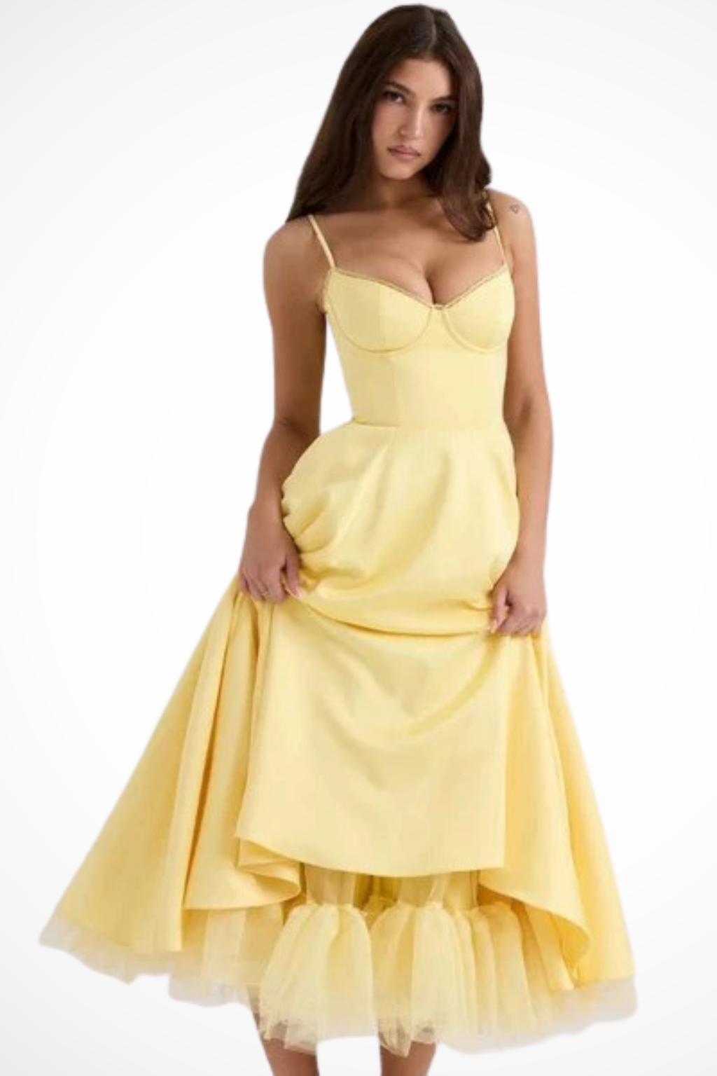 Women Corset Wedding-Guest Midi Dress – Modern Everyday Look – Yellow – S