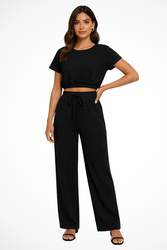 Women Relaxed Fit Wide-Leg Top and Trousers Set – Modern Everyday Look – Beige – XL
