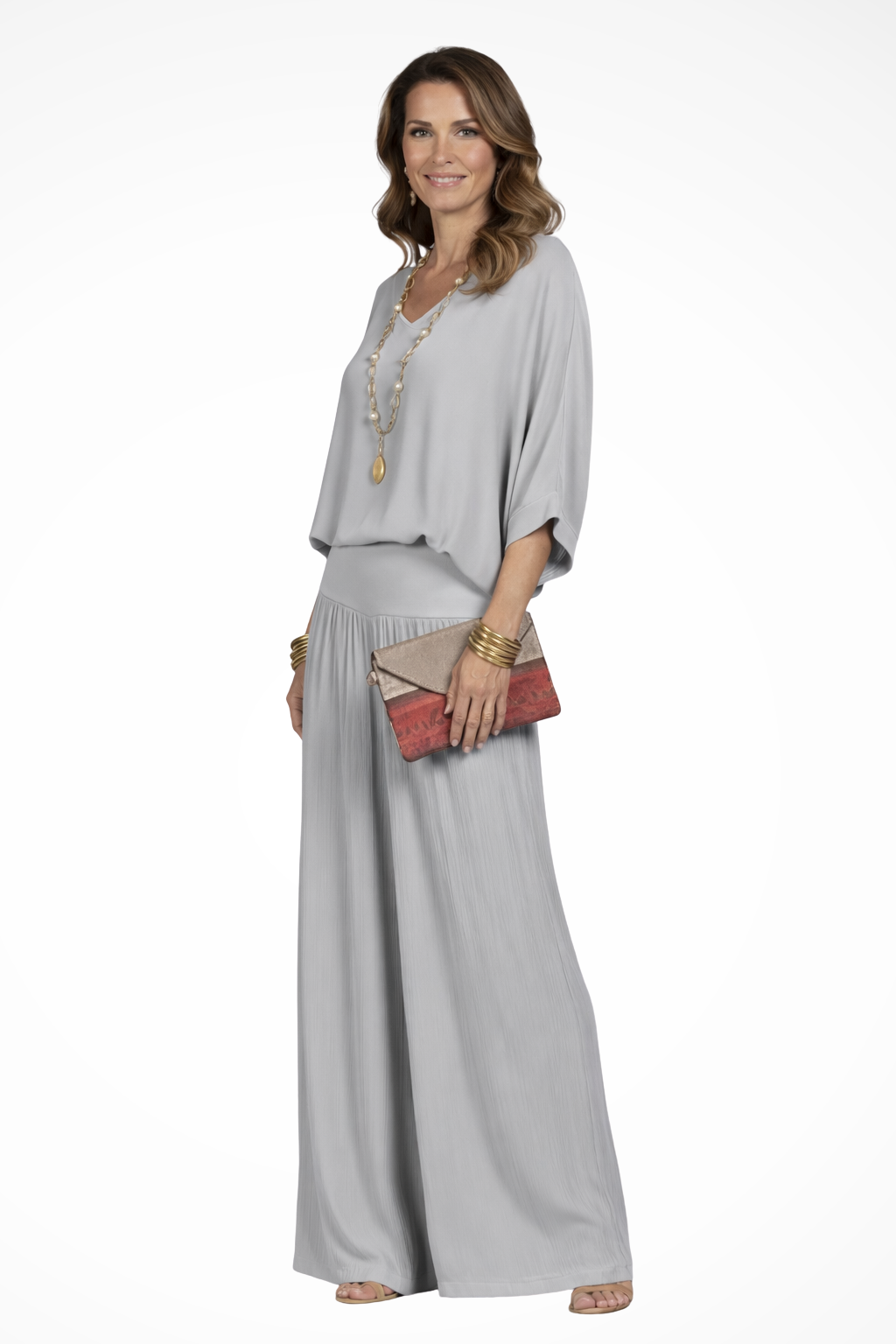 Women Elegant Layered Top and Wide-Leg Trousers 2 Piece Set – Refined Occasion Style – Grey – 2XL