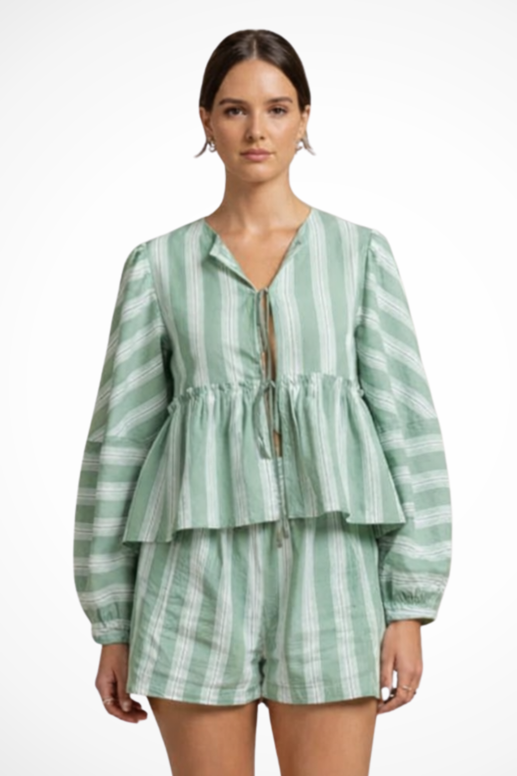 Women Striped Peplum Shirt and Shorts Set – Modern Everyday Look – Pink – M