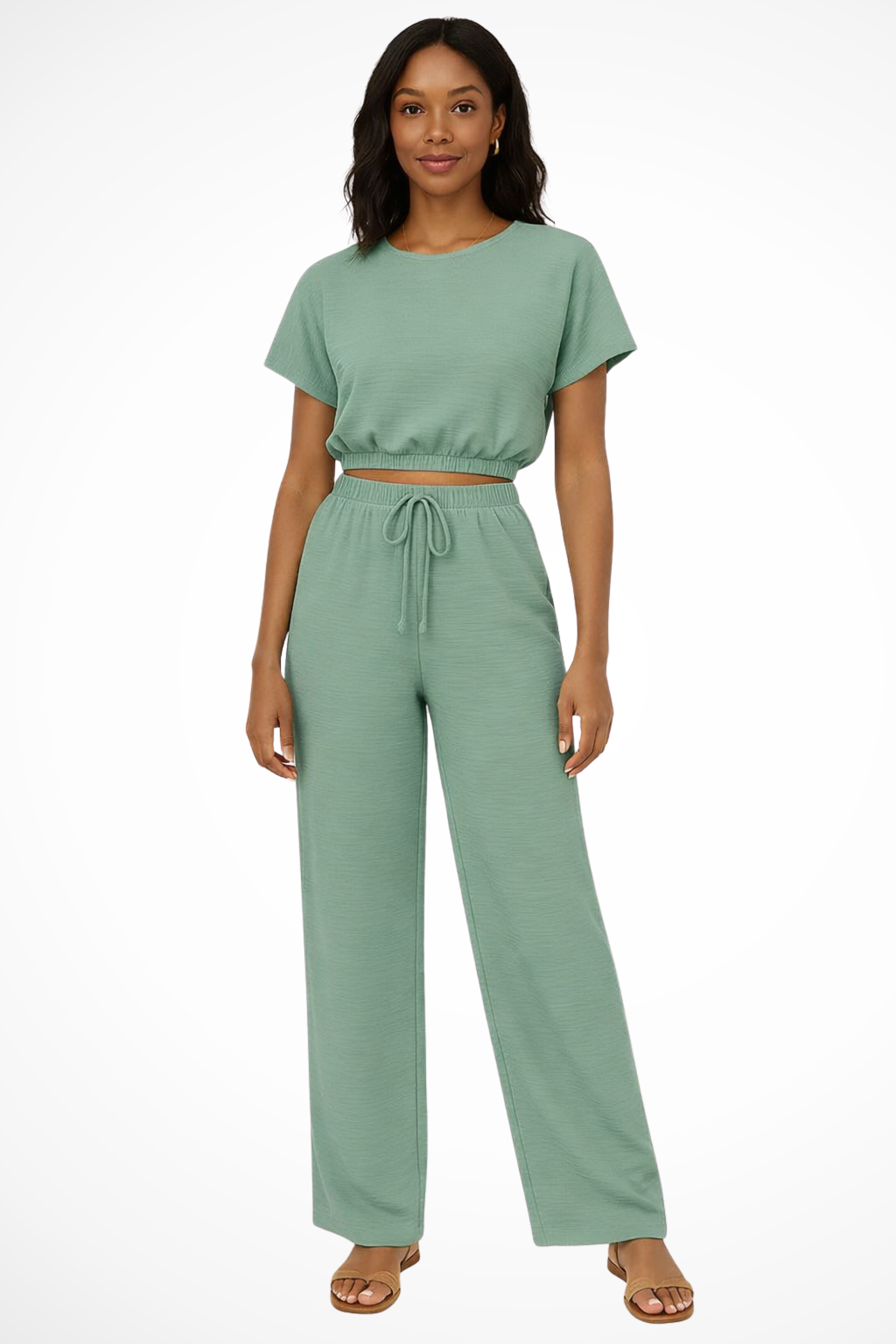 Women Relaxed Fit Wide-Leg Top and Trousers Set – Modern Everyday Look – Orange Red – XS