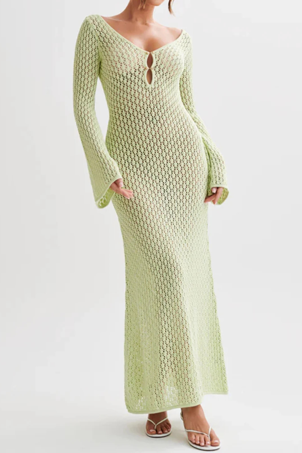 Women Deep V-Neck Long-Sleeve Hollow Out Knit Backless Beach Maxi Dress – Modern Everyday Look – Light Blue – XXL