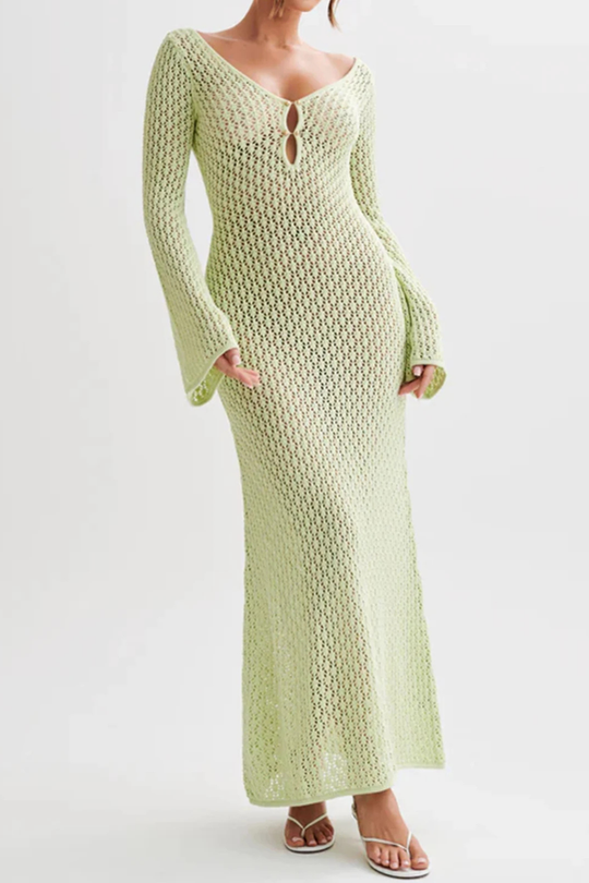 Women Deep V-Neck Long-Sleeve Hollow Out Knit Backless Beach Maxi Dress – Modern Everyday Look – Light Blue – XXL