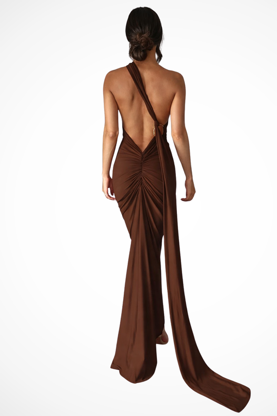 Women One-Shoulder Backless Ruched Race Day Maxi Dress – Modern Everyday Look – Blue – S