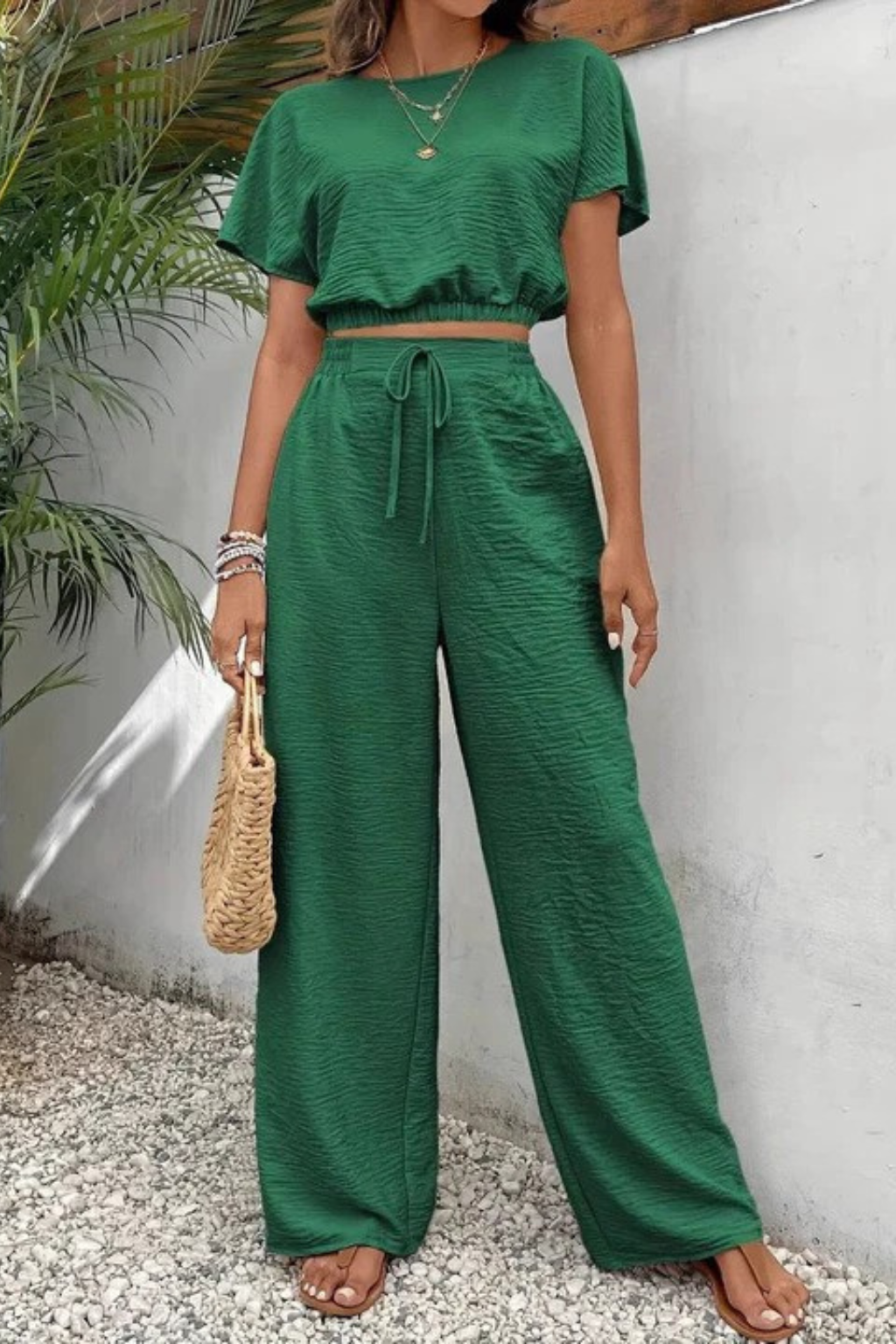 Women Relaxed Fit Wide-Leg Top and Trousers Set – Modern Everyday Look – Orange Red – L
