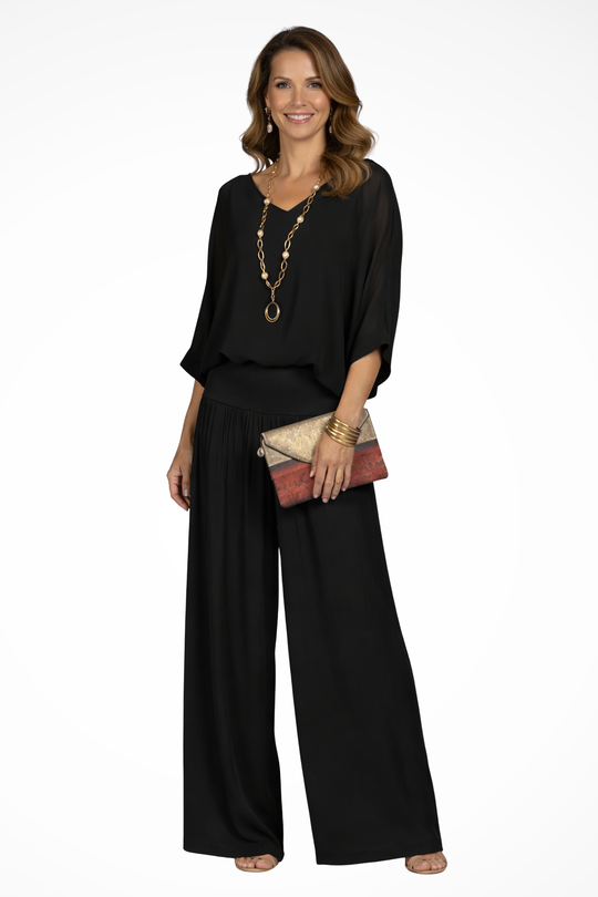 Women Elegant Layered Top and Wide-Leg Trousers 2 Piece Set – Refined Occasion Style – Grey – XL