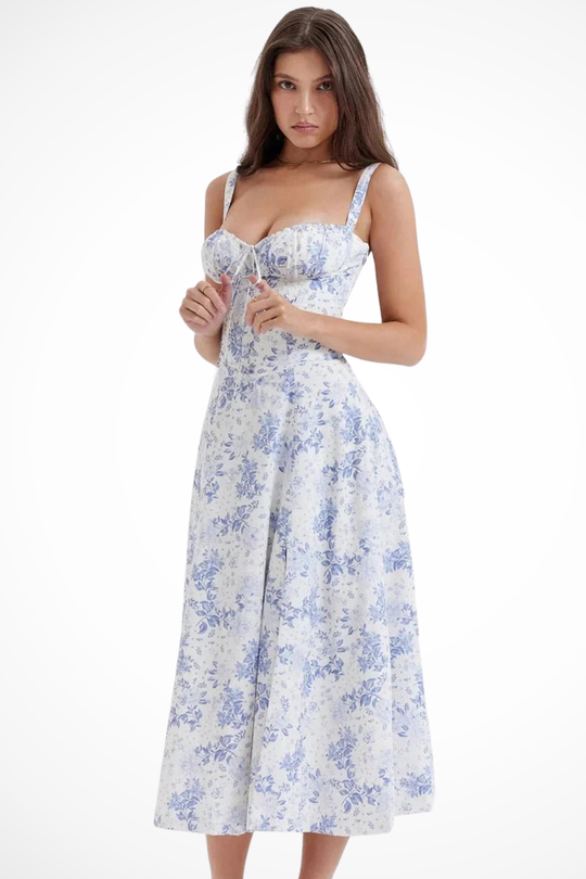 Women Square Neck Bow Detail Corset Wedding-Guest Floral Midi Dress – Modern Everyday Look – White Floral – XL
