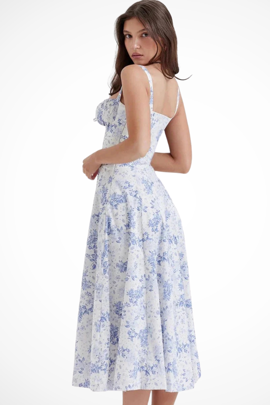 Women Square Neck Bow Detail Corset Wedding-Guest Floral Midi Dress – Modern Everyday Look – White Floral – 2XL