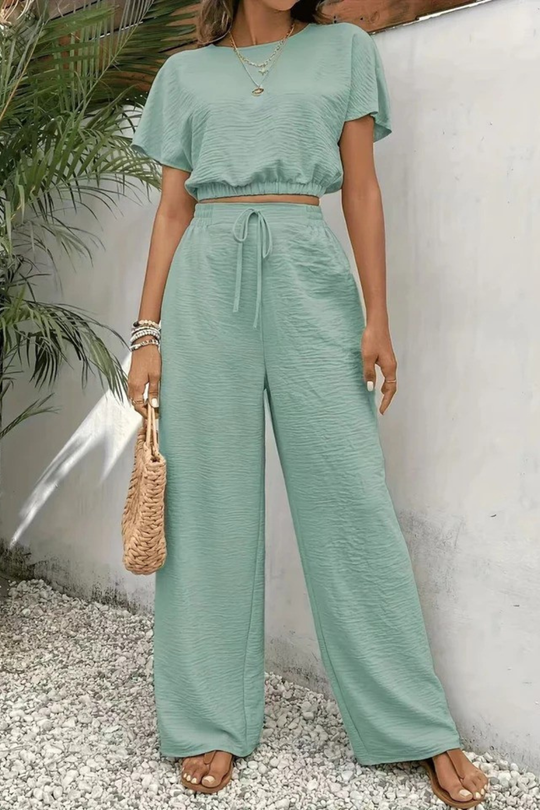 Women Relaxed Fit Wide-Leg Top and Trousers Set – Modern Everyday Look – Orange Red – S